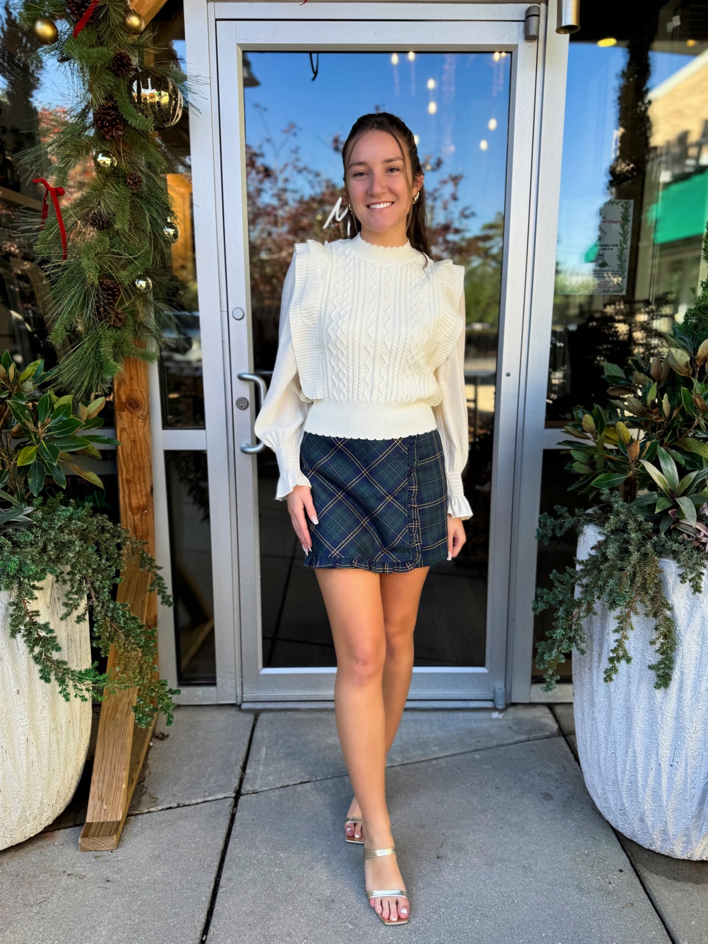 Cable Knit Sweater With Woven Sleeve