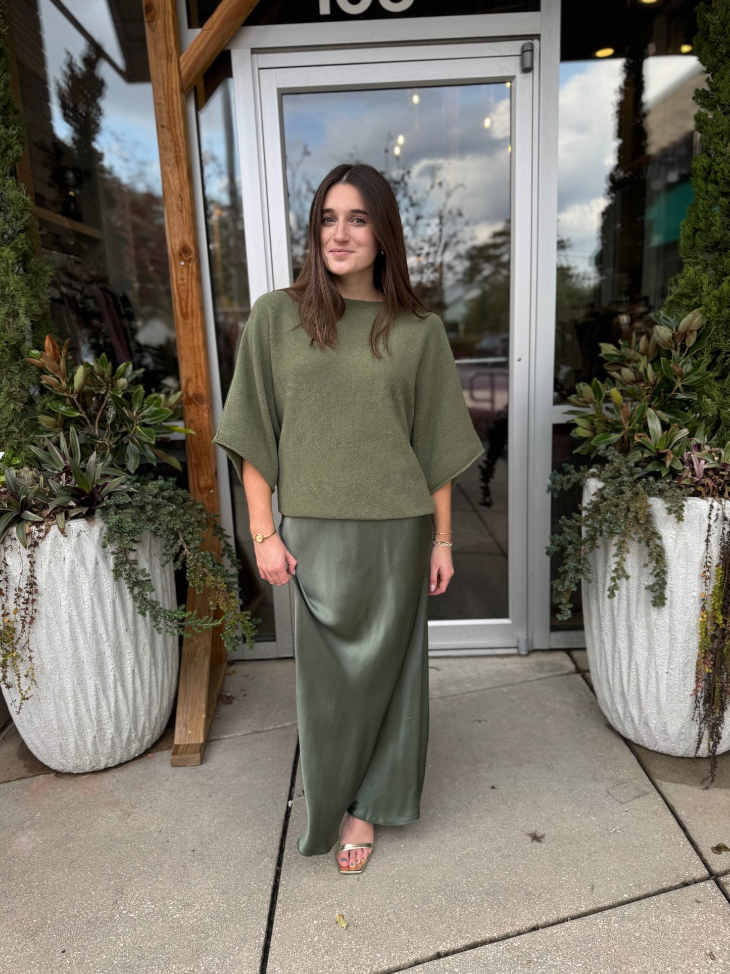 Olive Silk Midi Skirt