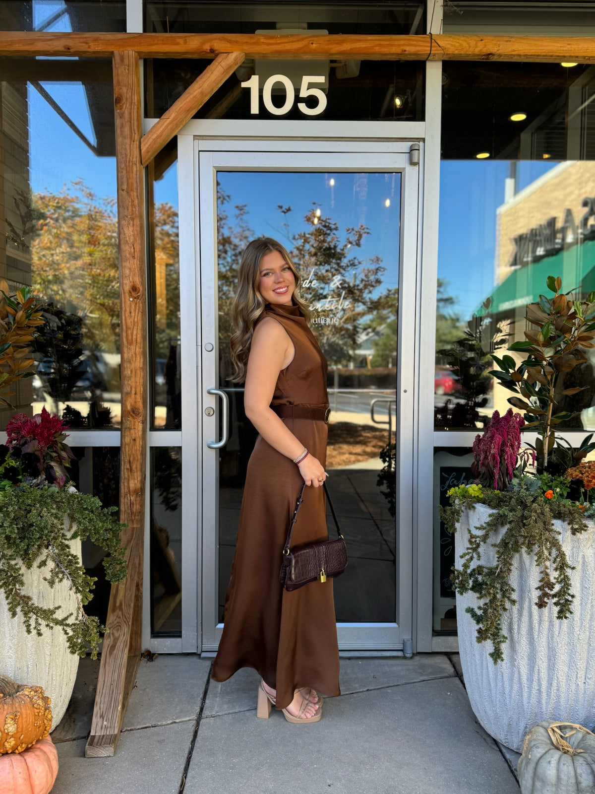 Burnt Caramel Belted Maxi Dress