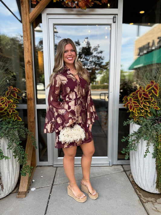 Burgundy Foil Mini Dress