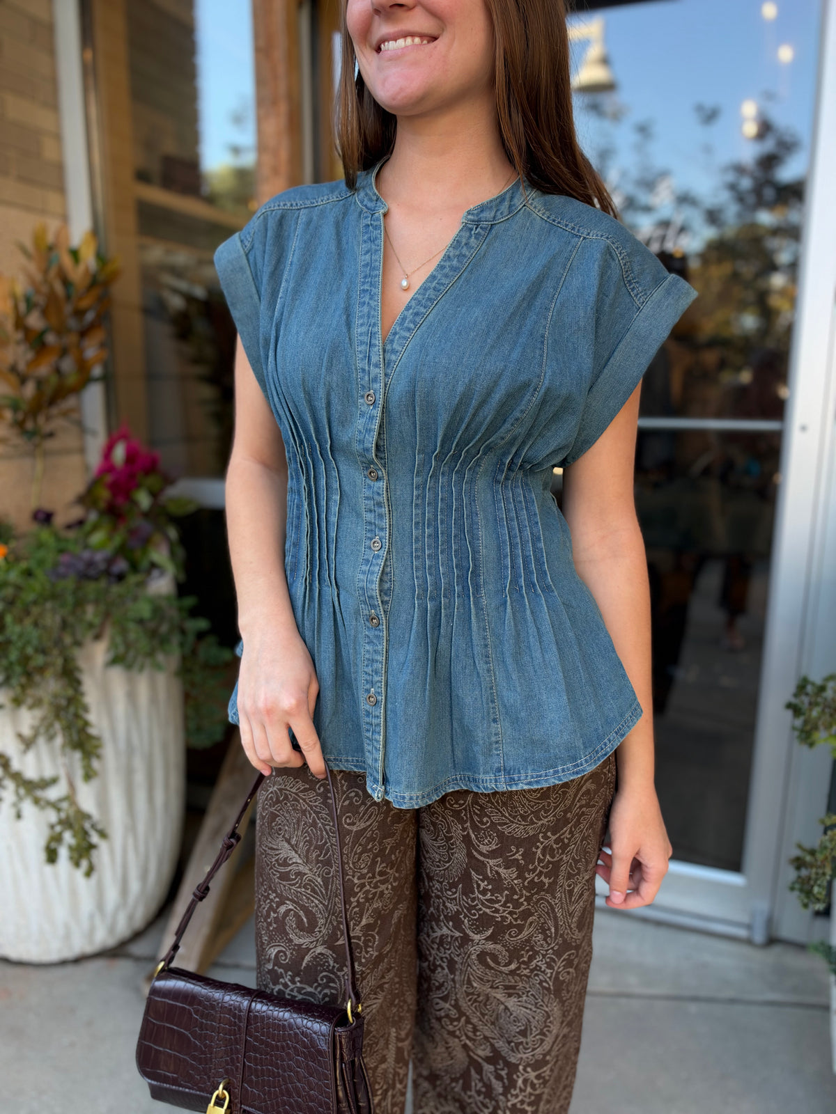 Pleated Denim Blouse
