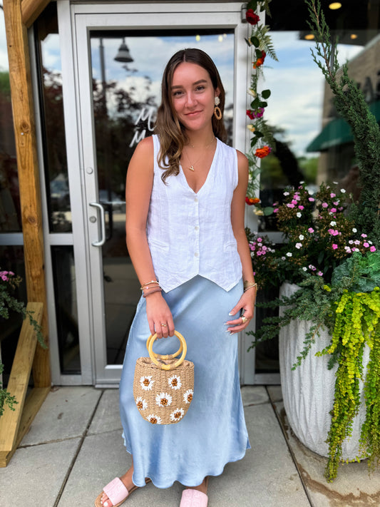 Denim Blue Silk Midi Skirt