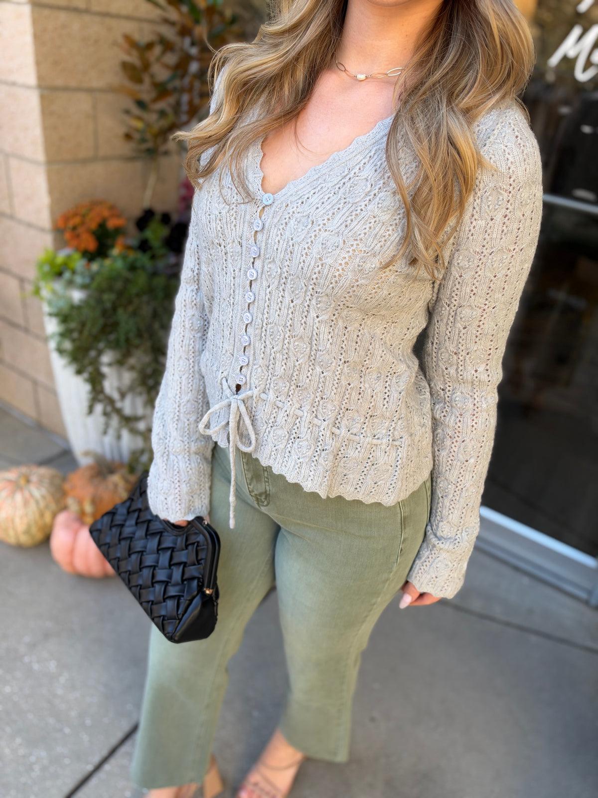 Light Grey Lace Knit Drawstring Cardigan