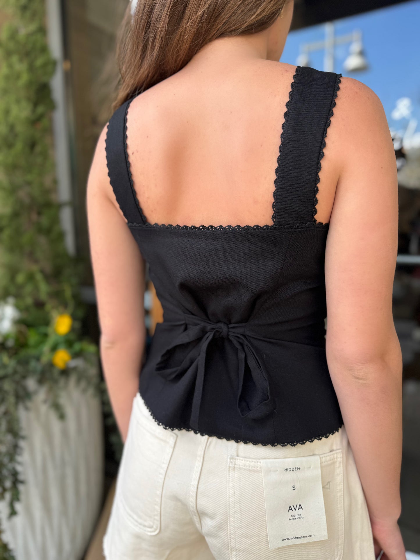 Black Lace Trim Linen Top