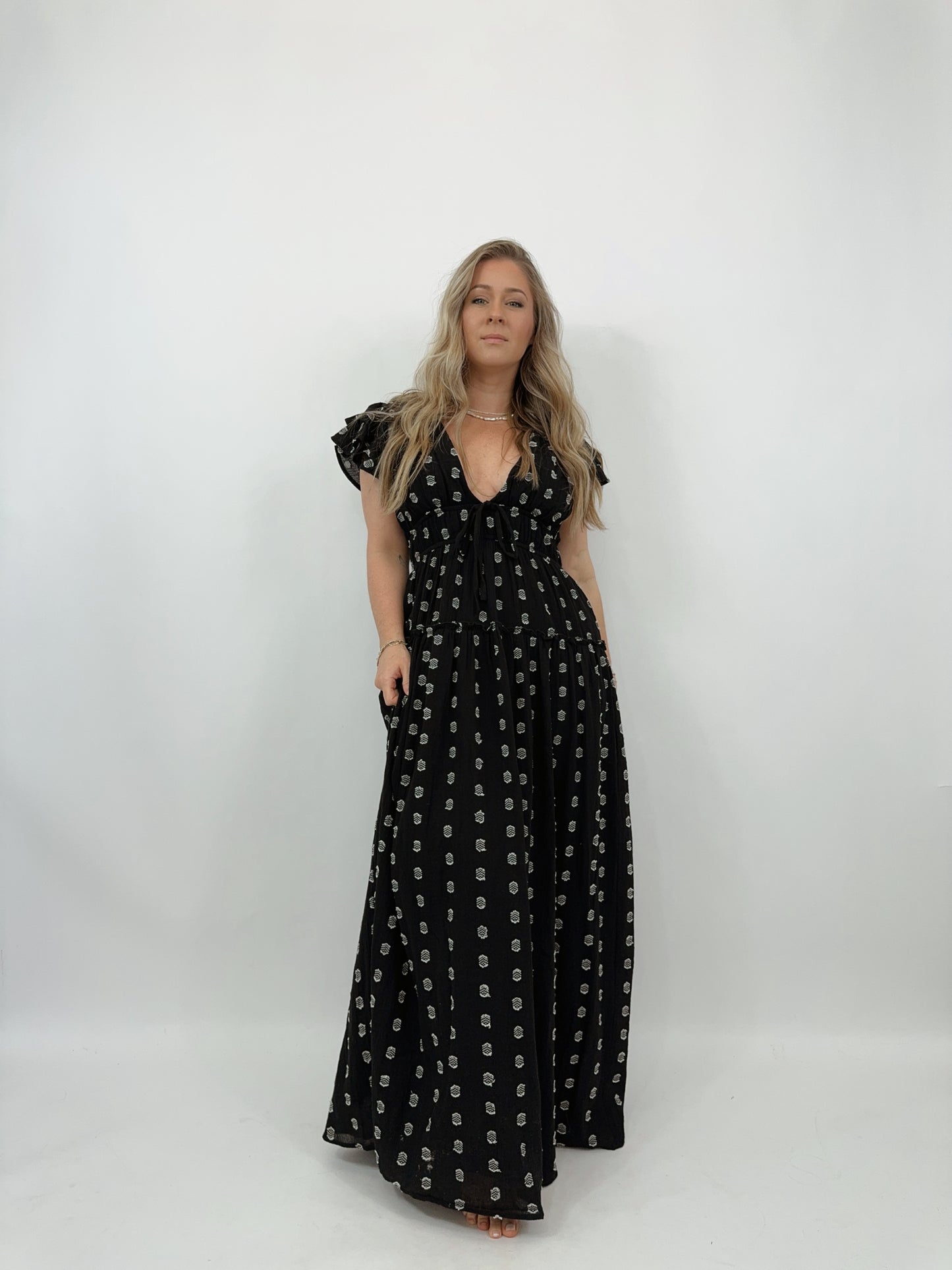 Embroidered V Neck Maxi Dress