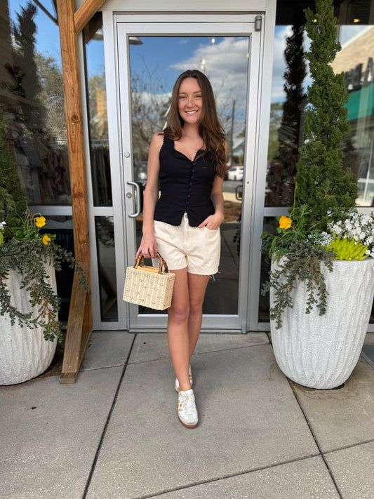 Black Lace Trim Linen Top