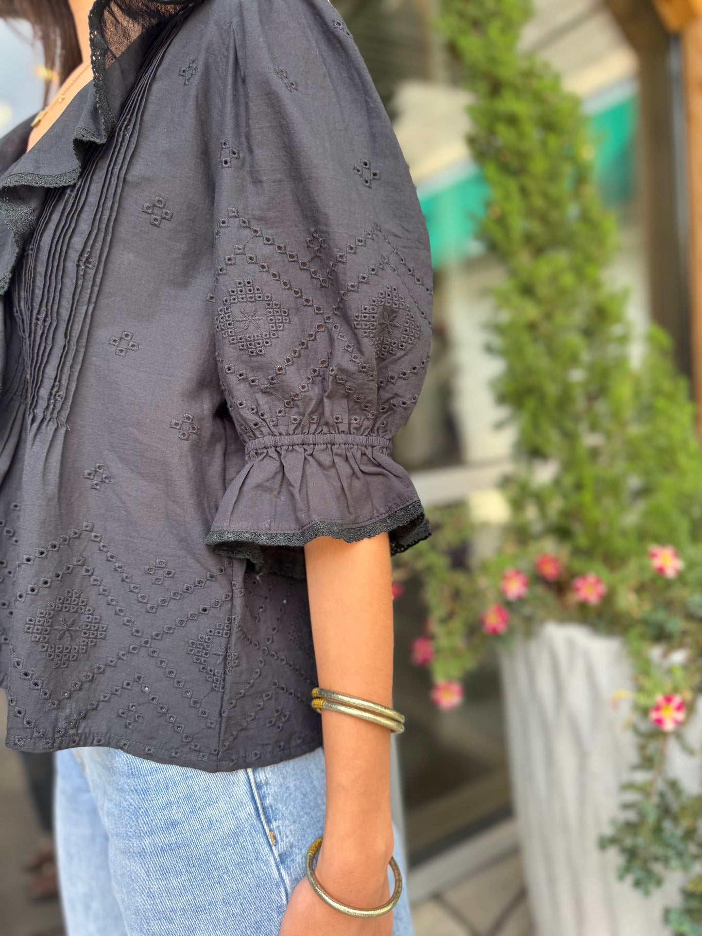 Black Eyelet Ruffle Blouse