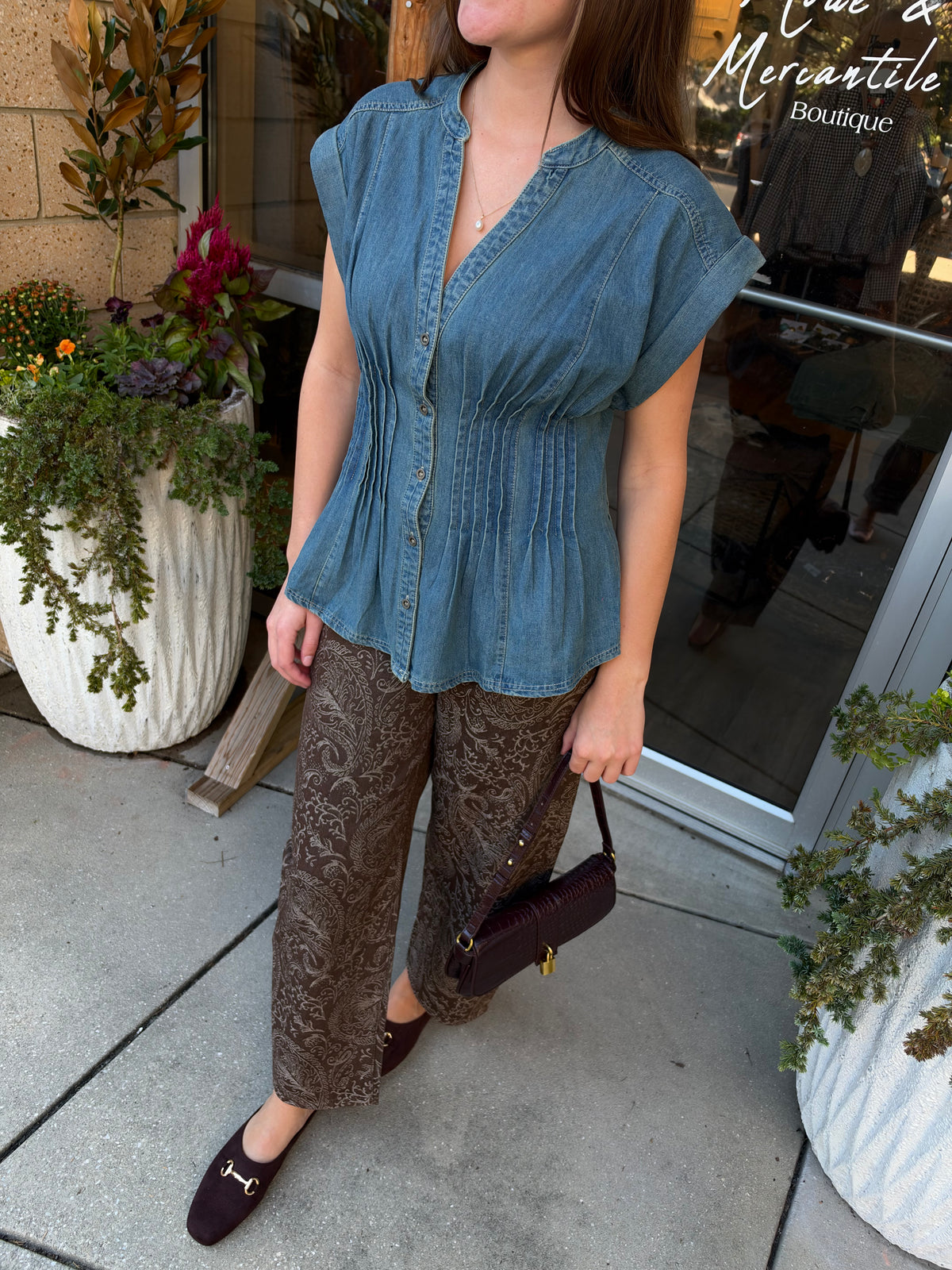 Pleated Denim Blouse