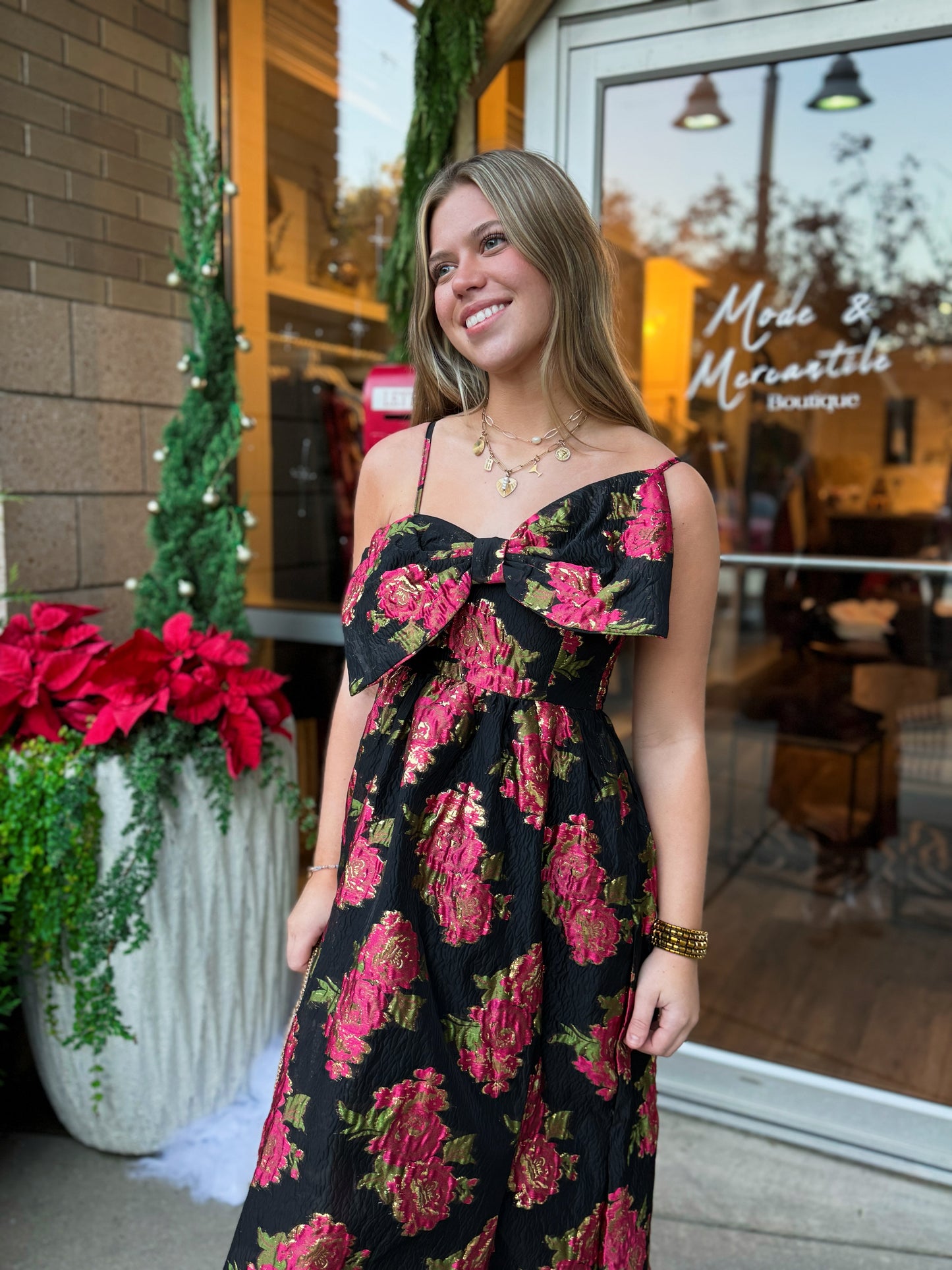 Scarlet Blossom Noir Midi Dress