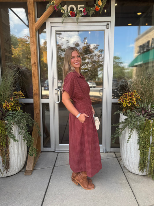 Cinched Waist Striped Midi Dress