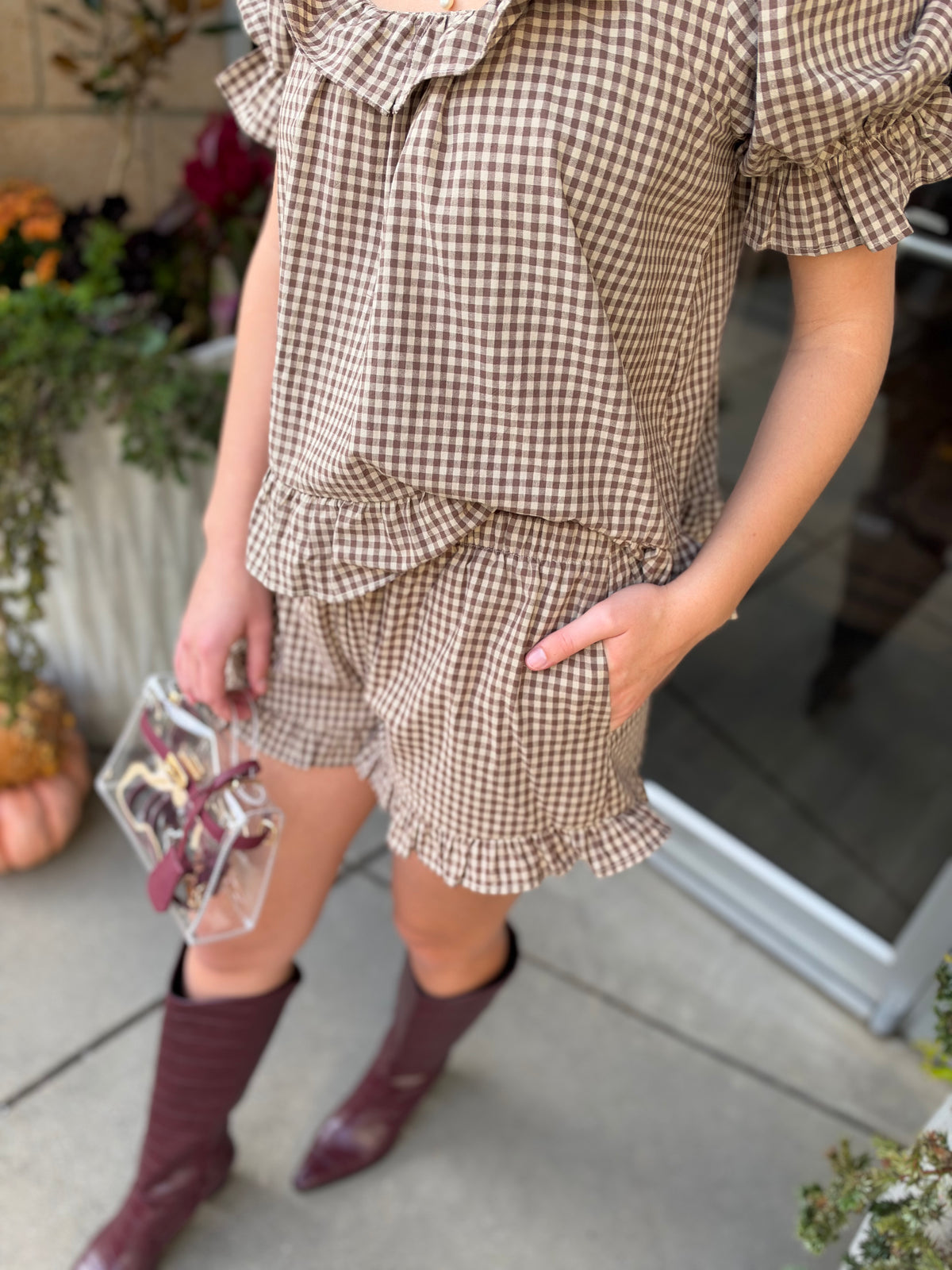 Brown Kora Frill Gingham Top