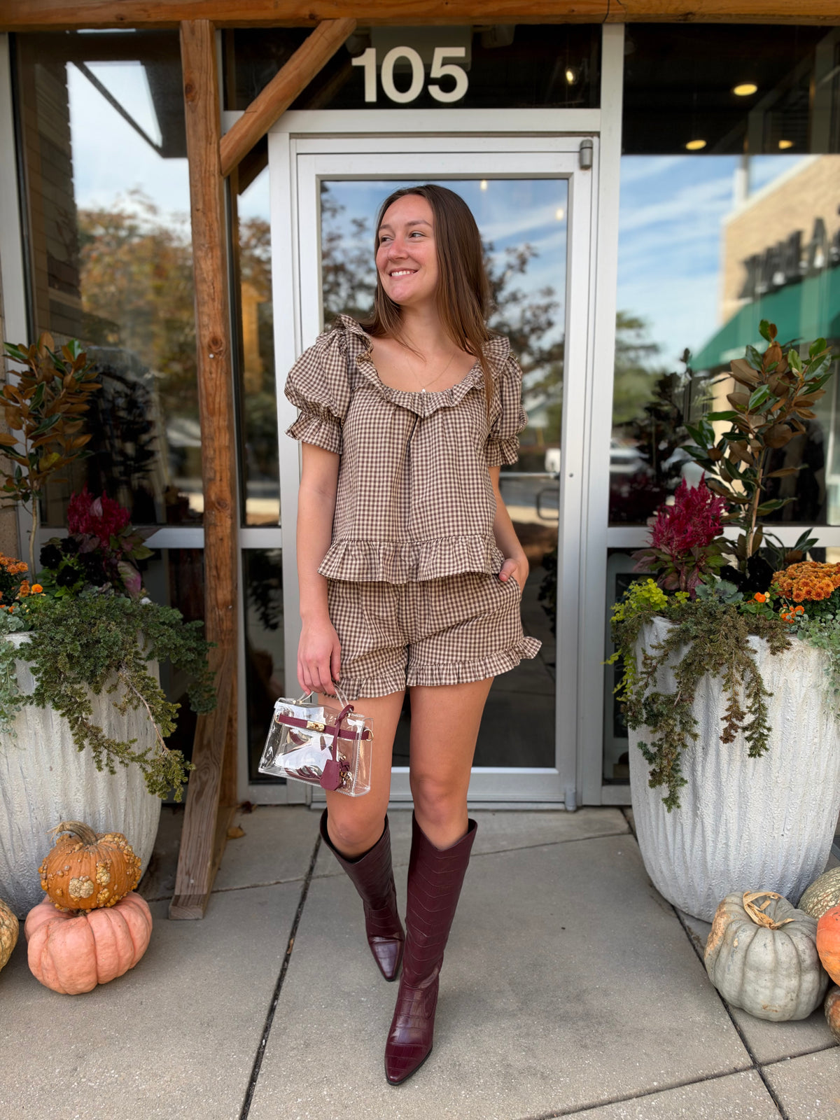 Brown Kora Frill Gingham Top