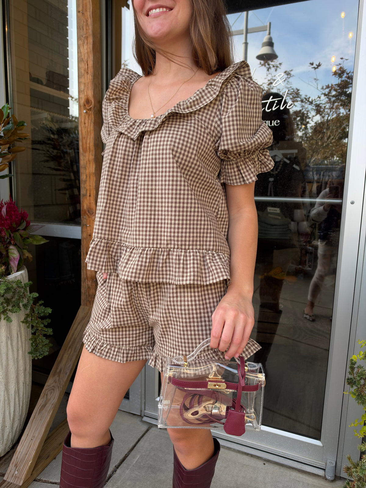 Brown Kora Frill Gingham Top