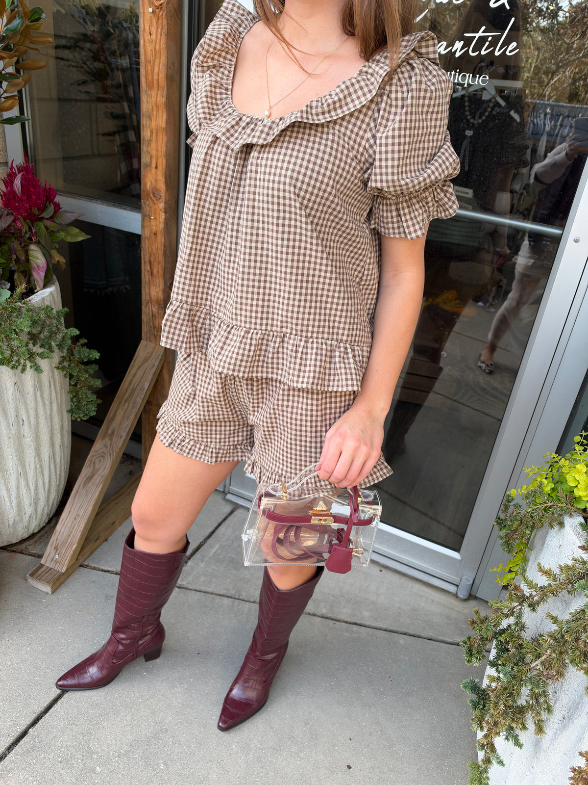 Brown Kora Frill Gingham Top