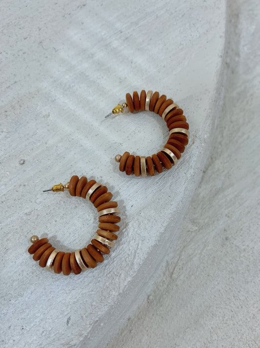 Wood and Gold Disk Hoop Earrings